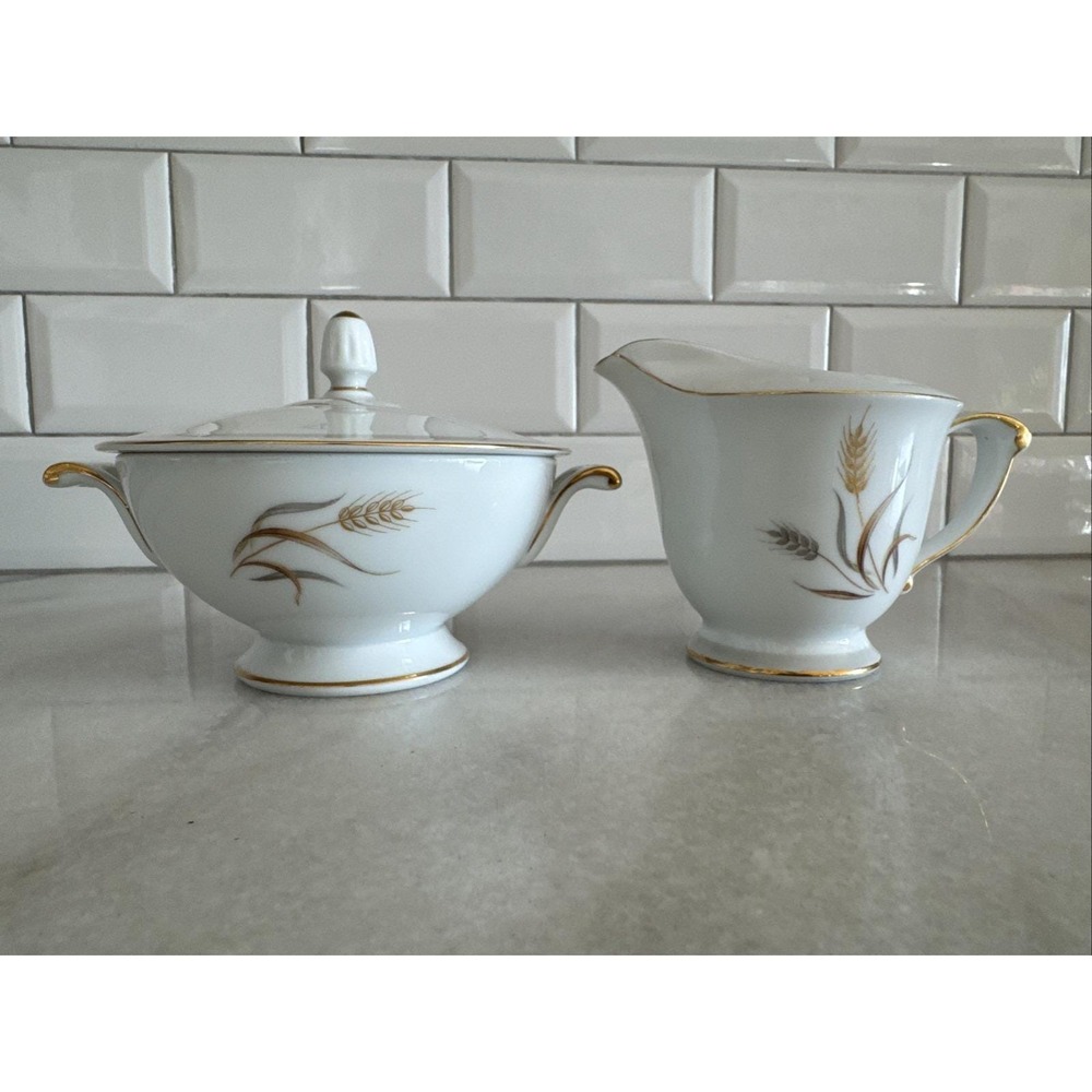 Vtg‎ Sango Japan Harvest Gold Wheat Creamer and Sugar Bowl with Lid Set 1960s